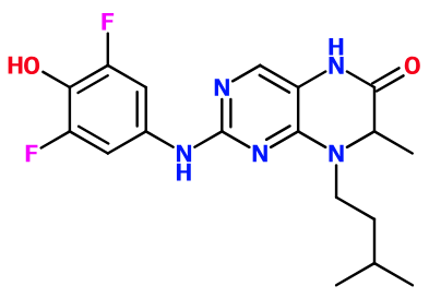 MC085498 2-(3,5-Difluoro-4-hydroxy-phenylamino)-7-methyl-8-(3-methyl-butyl)-7,8-dihydro-5H-pteridin-6-one (image for) MC085498 2-(3,5-Difluoro-4-hydroxy-phenylamino)-7-methyl-8-(3-methyl-butyl)-7,8-dihydro-5H-pteridin-6-one